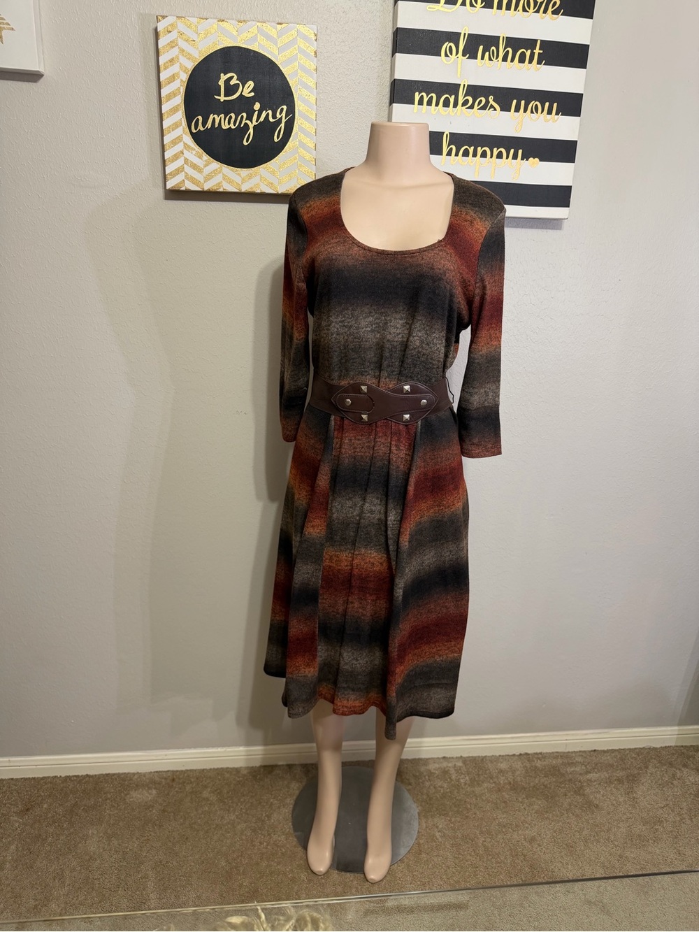 Robbie Bee Striped Scoop Neck Midi Dress in Rust and Gray